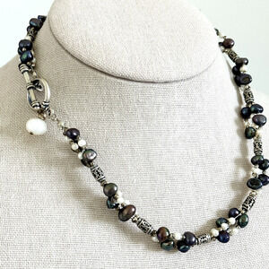 925 Sterling Silver Vintage Genuine Pearl Black Purple Cream Beaded Necklace 16"